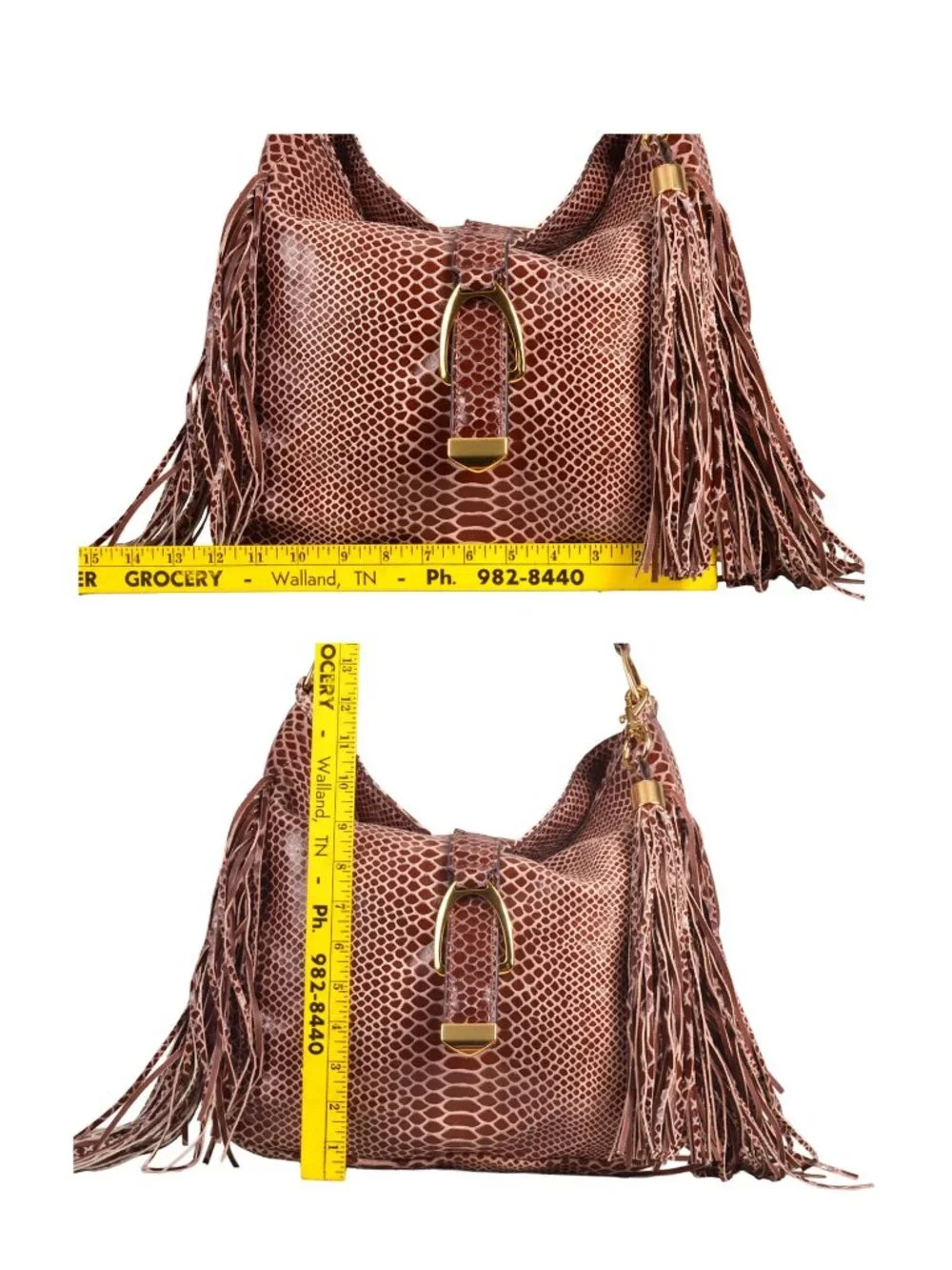 G.I.L.I. Leather Stirrup Fringe Sienna Cobra Fringe Hobo Bag Purse A271123‎
